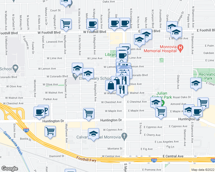 map of restaurants, bars, coffee shops, grocery stores, and more near 206 W Olive Ave in Monrovia