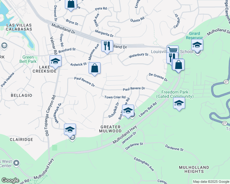map of restaurants, bars, coffee shops, grocery stores, and more near 22710 Paul Revere Drive in Calabasas