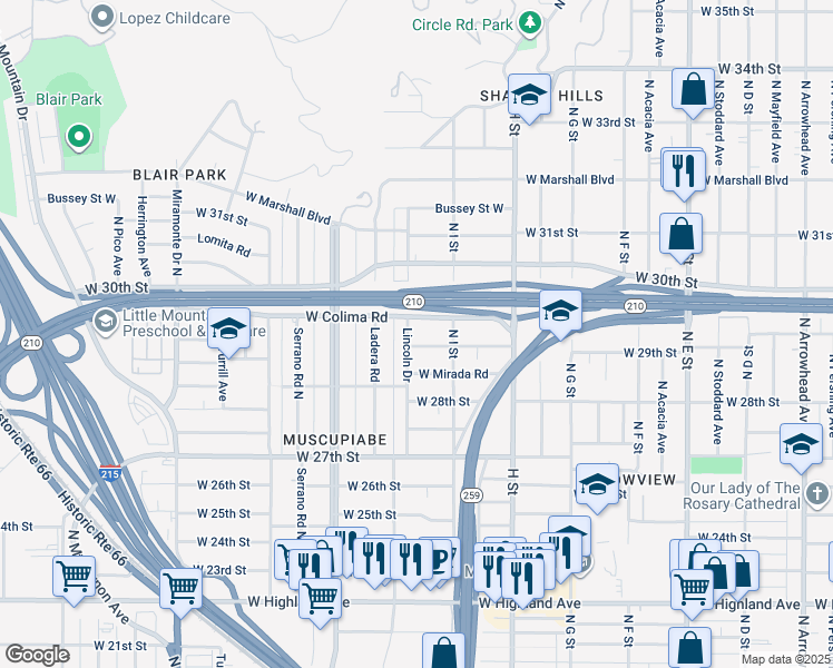 map of restaurants, bars, coffee shops, grocery stores, and more near 944 West 29th Street in San Bernardino