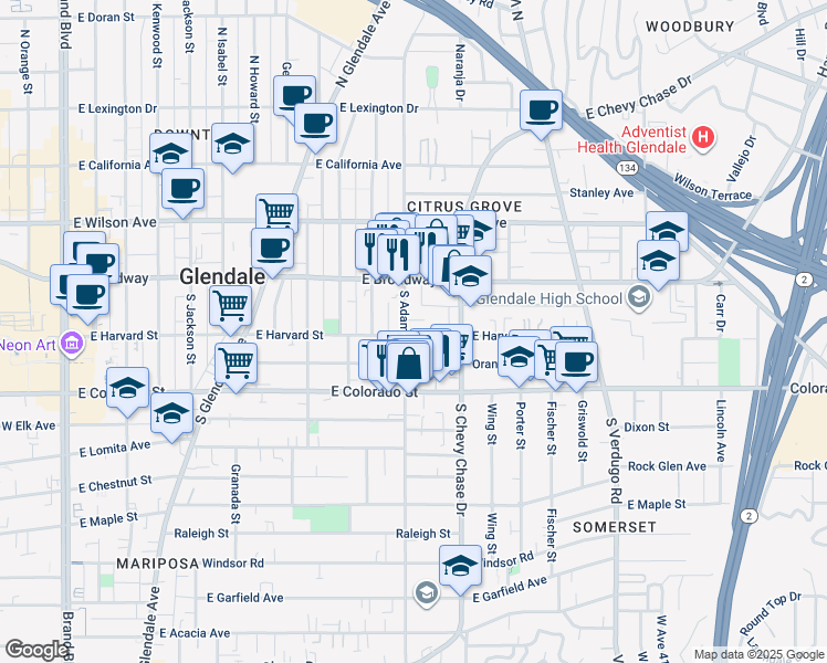 map of restaurants, bars, coffee shops, grocery stores, and more near 146 South Adams Street in Glendale