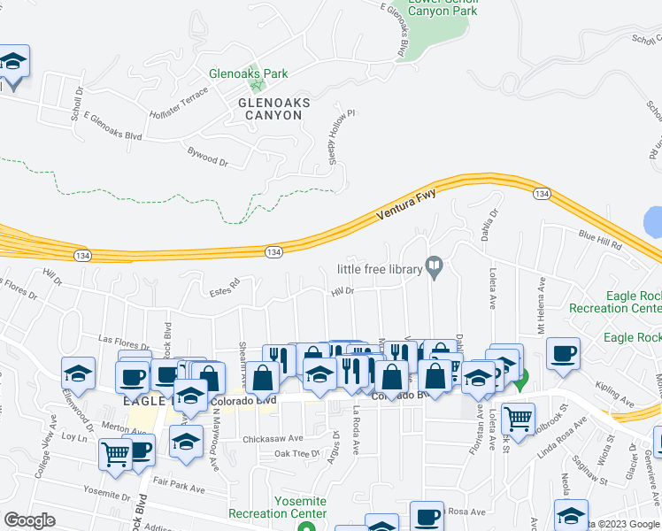 map of restaurants, bars, coffee shops, grocery stores, and more near 5332 Argus Drive in Los Angeles
