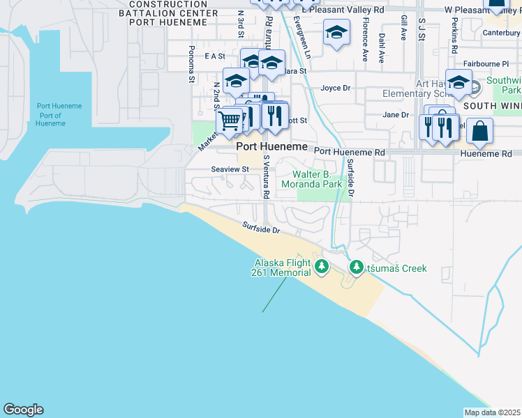 map of restaurants, bars, coffee shops, grocery stores, and more near 394 East Surfside Drive in Port Hueneme