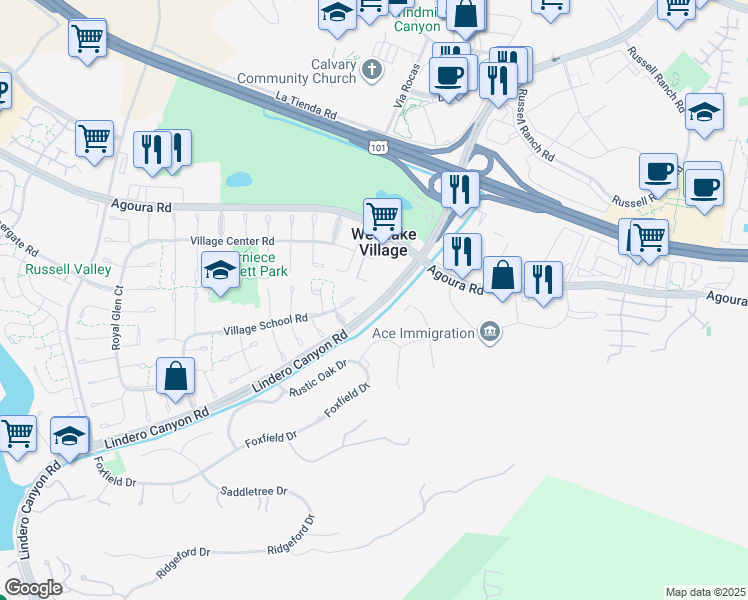 map of restaurants, bars, coffee shops, grocery stores, and more near 31567 Lindero Canyon Road in Westlake Village