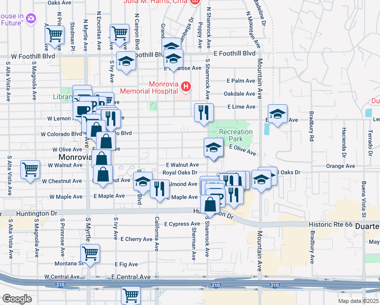 map of restaurants, bars, coffee shops, grocery stores, and more near 590 East Olive Avenue in Monrovia
