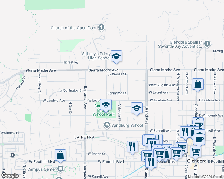 map of restaurants, bars, coffee shops, grocery stores, and more near 547 North Vecino Avenue in Glendora