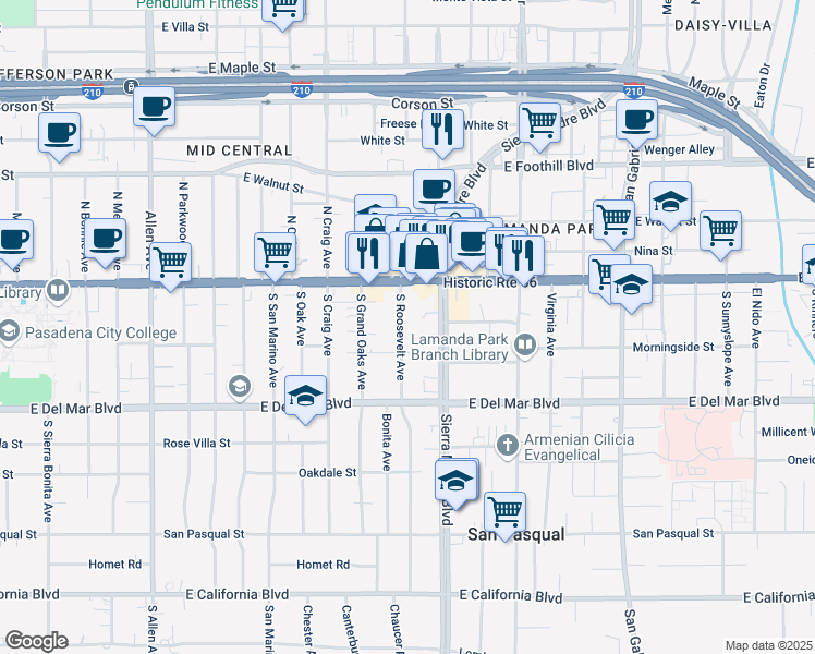 map of restaurants, bars, coffee shops, grocery stores, and more near 90 South Roosevelt Avenue in Pasadena