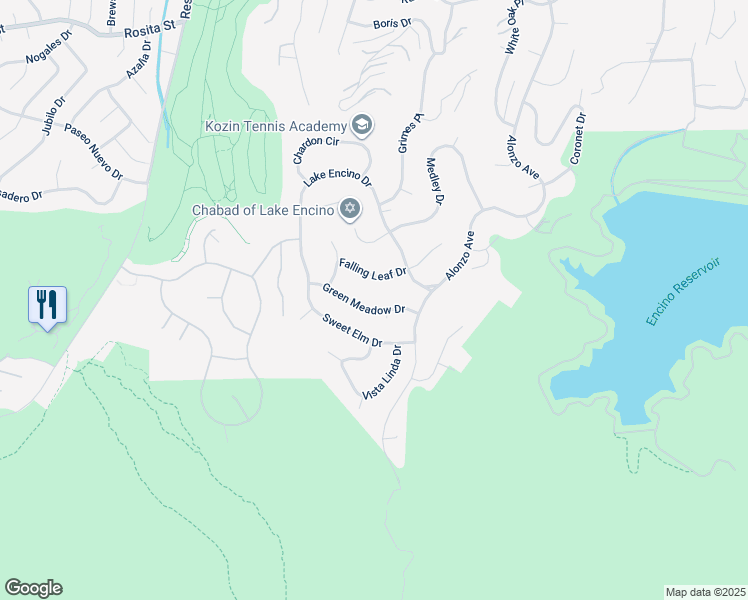 map of restaurants, bars, coffee shops, grocery stores, and more near 18101 Green Meadow Drive in Los Angeles