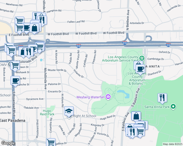 map of restaurants, bars, coffee shops, grocery stores, and more near 331 Vaquero Road in Arcadia