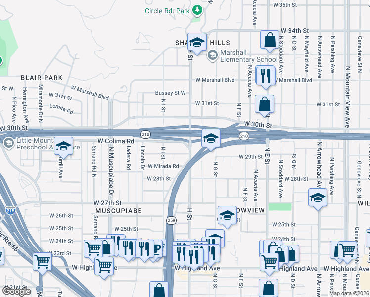 map of restaurants, bars, coffee shops, grocery stores, and more near in San Bernardino