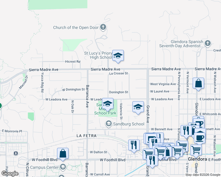 map of restaurants, bars, coffee shops, grocery stores, and more near 547 North Vecino Avenue in Glendora