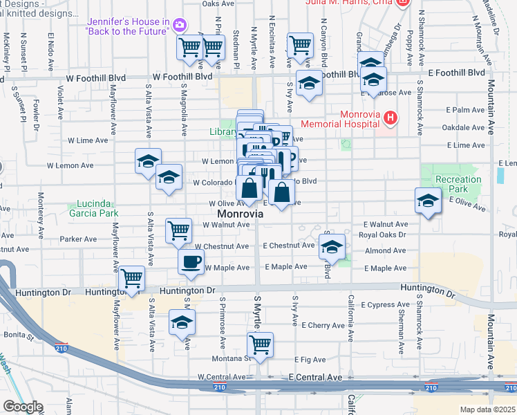 map of restaurants, bars, coffee shops, grocery stores, and more near 700 South Myrtle Avenue in Monrovia