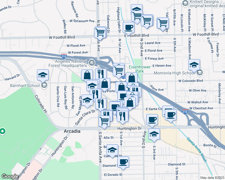 map of restaurants, bars, coffee shops, grocery stores, and more near 56 La Porte Street in Arcadia