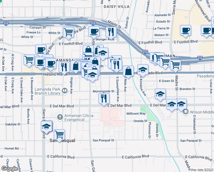 map of restaurants, bars, coffee shops, grocery stores, and more near 91 Eastern Avenue in Pasadena