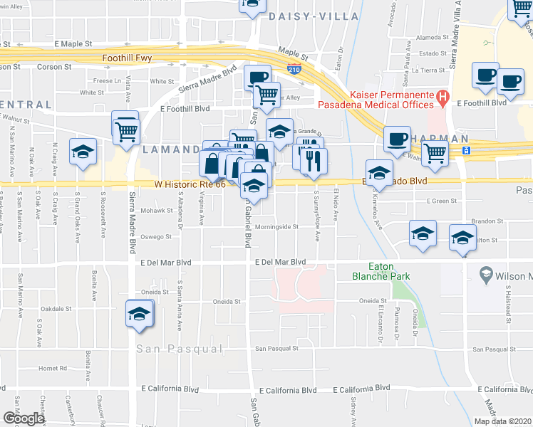 map of restaurants, bars, coffee shops, grocery stores, and more near 83 South Daisy Avenue in Pasadena