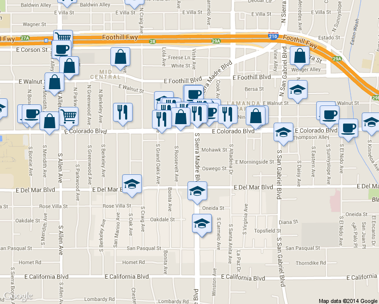 map of restaurants, bars, coffee shops, grocery stores, and more near 90 South Roosevelt Avenue in Pasadena