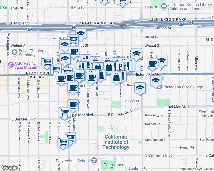 map of restaurants, bars, coffee shops, grocery stores, and more near 1166 East Green Street in Pasadena