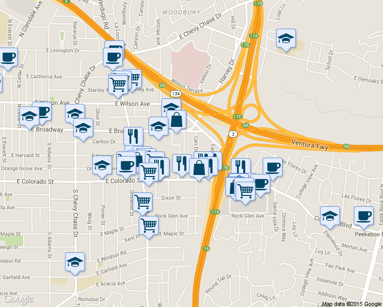 map of restaurants, bars, coffee shops, grocery stores, and more near 1527 East Harvard Street in Glendale