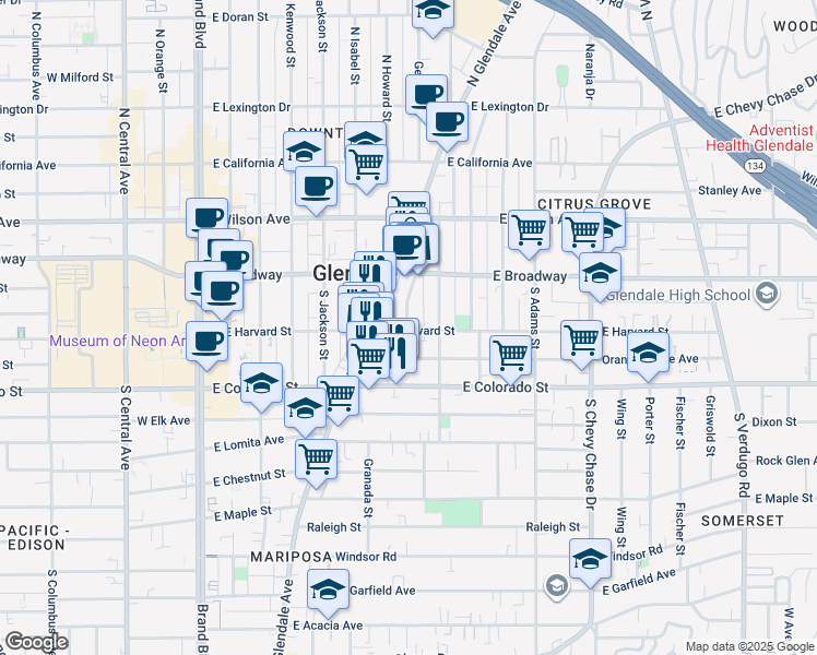 map of restaurants, bars, coffee shops, grocery stores, and more near 701 East Harvard Street in Glendale