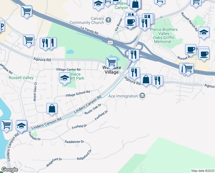 map of restaurants, bars, coffee shops, grocery stores, and more near 31563 Lindero Canyon Road in Westlake Village