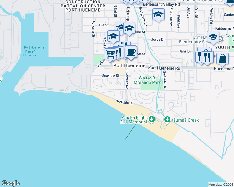 map of restaurants, bars, coffee shops, grocery stores, and more near 262 East Surfside Drive in Port Hueneme