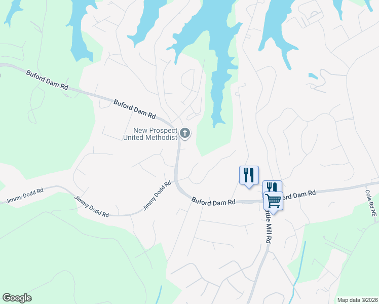 map of restaurants, bars, coffee shops, grocery stores, and more near 2026 Buford Dam Road in Buford