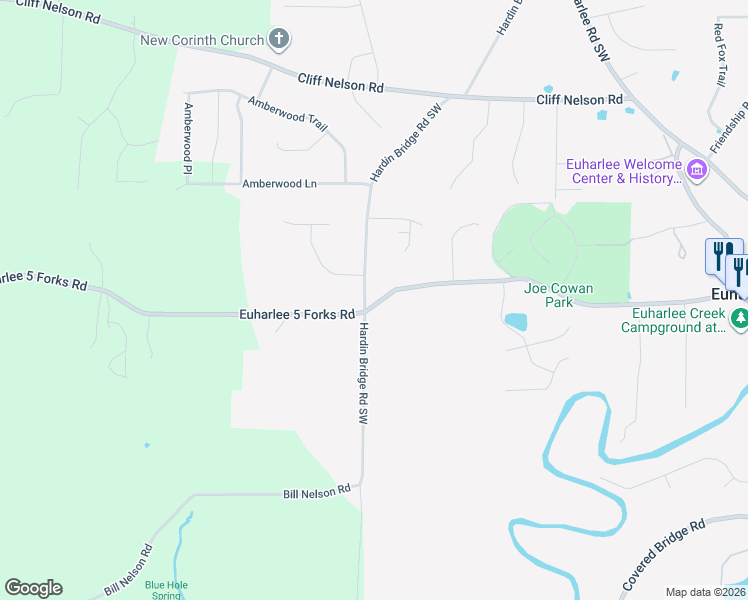 map of restaurants, bars, coffee shops, grocery stores, and more near 1232 Hardin Bridge Road in Euharlee