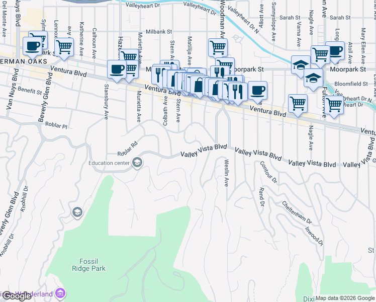 map of restaurants, bars, coffee shops, grocery stores, and more near 13817 Valley Vista Boulevard in Los Angeles