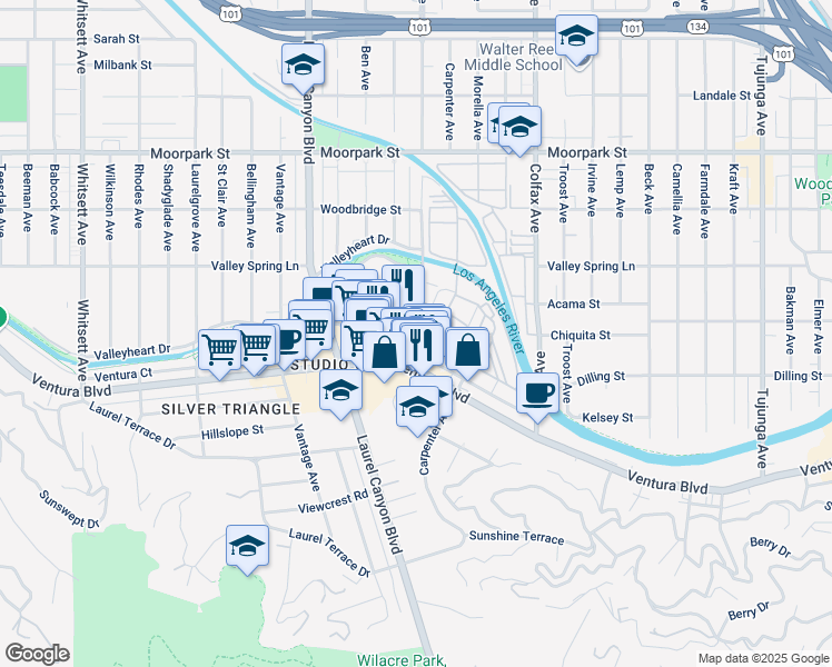 map of restaurants, bars, coffee shops, grocery stores, and more near 4024 Radford Avenue in Los Angeles