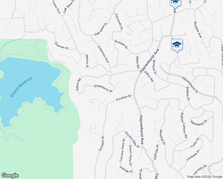 map of restaurants, bars, coffee shops, grocery stores, and more near 16965 Strawberry Drive in Los Angeles