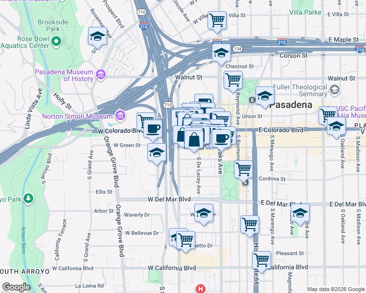 map of restaurants, bars, coffee shops, grocery stores, and more near 159 West Green Street in Pasadena