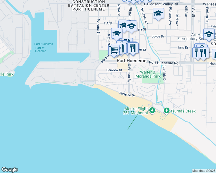 map of restaurants, bars, coffee shops, grocery stores, and more near 394 East Surfside Drive in Port Hueneme