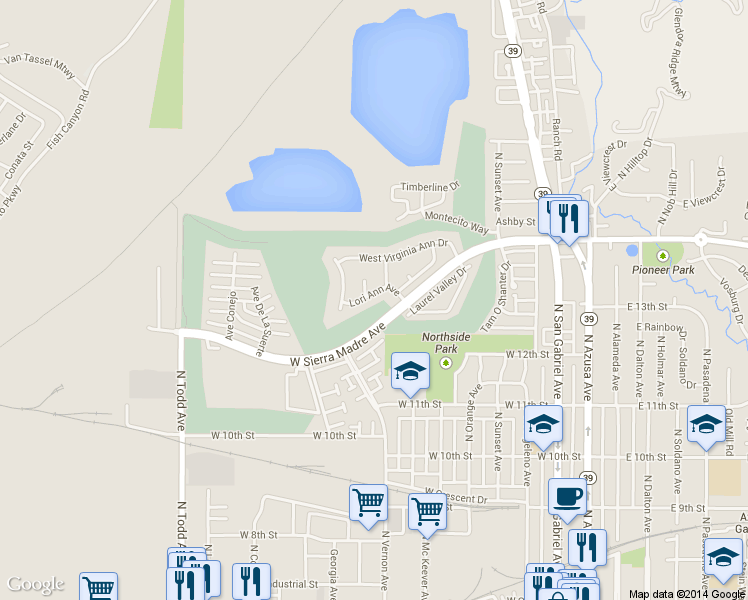 map of restaurants, bars, coffee shops, grocery stores, and more near 724 Lori Ann Avenue in Azusa