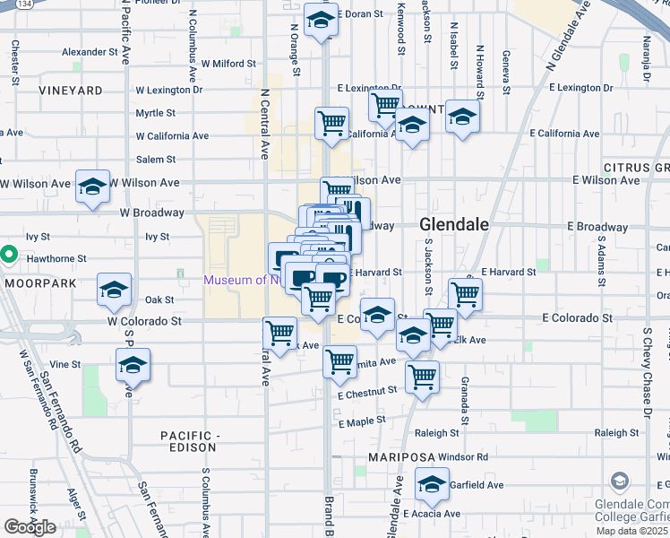 map of restaurants, bars, coffee shops, grocery stores, and more near 151 South Maryland Avenue in Glendale