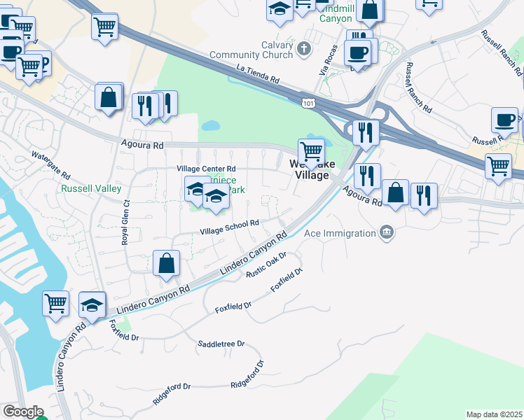 map of restaurants, bars, coffee shops, grocery stores, and more near 4373 Deerpark Court in Westlake Village