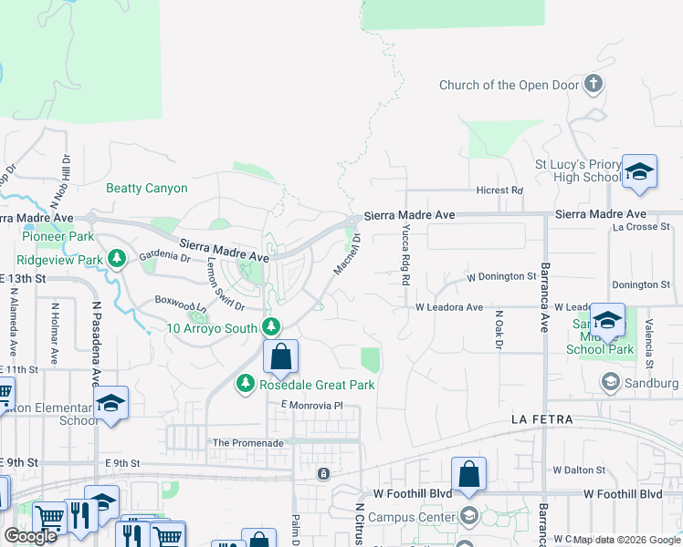 map of restaurants, bars, coffee shops, grocery stores, and more near 1312 Macneil Drive in Glendora