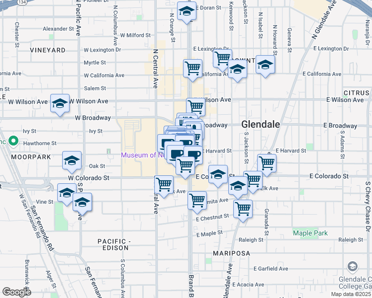 map of restaurants, bars, coffee shops, grocery stores, and more near 821 Americana Way in Glendale