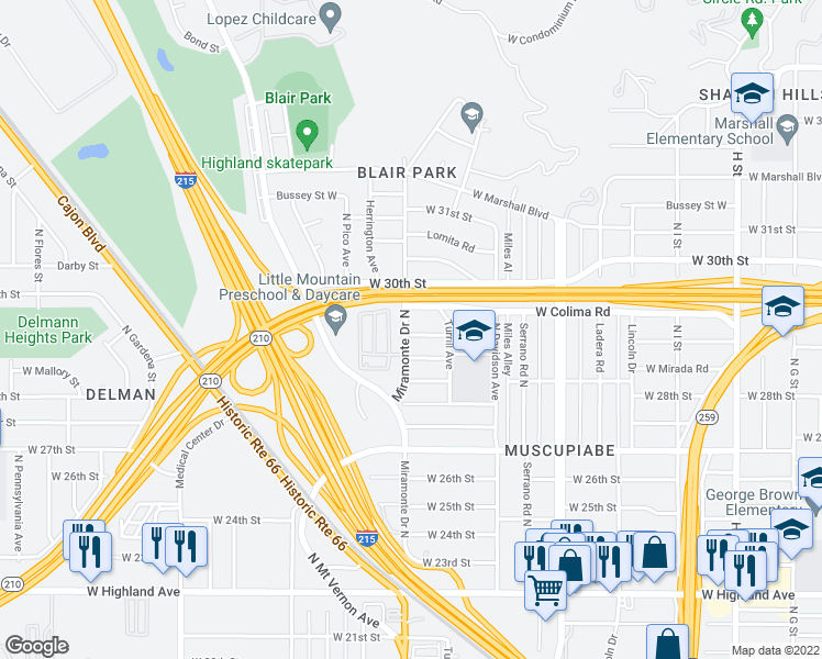map of restaurants, bars, coffee shops, grocery stores, and more near 1298 West 29th Street in San Bernardino
