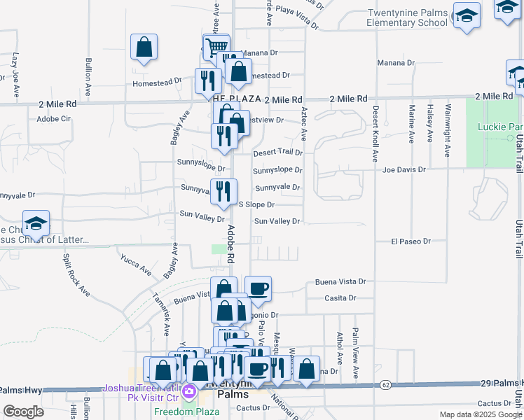 map of restaurants, bars, coffee shops, grocery stores, and more near 73790 South Slope Drive in Twentynine Palms