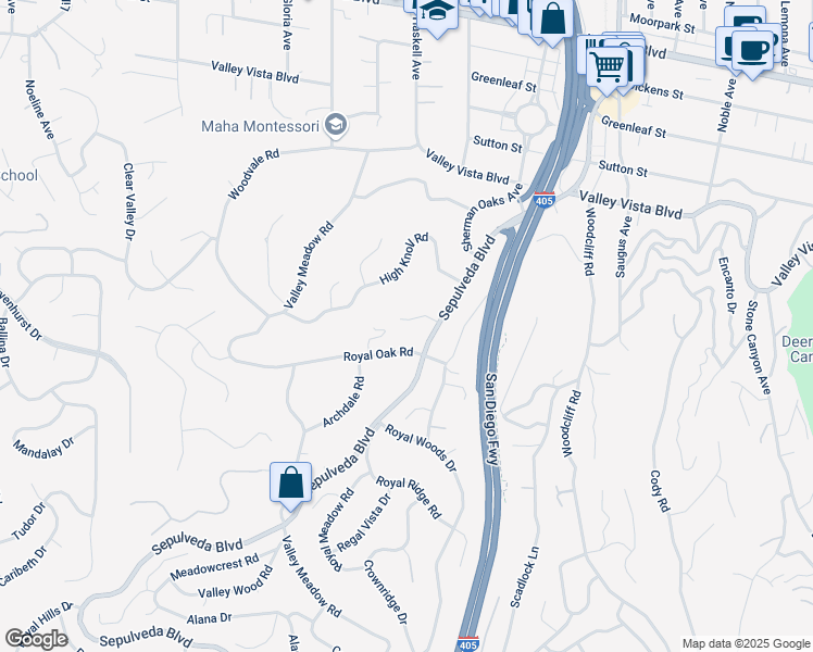 map of restaurants, bars, coffee shops, grocery stores, and more near 15640 Vandorf Place in Los Angeles