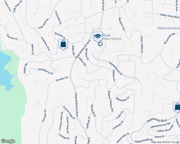 map of restaurants, bars, coffee shops, grocery stores, and more near 16561 Adlon Road in Los Angeles