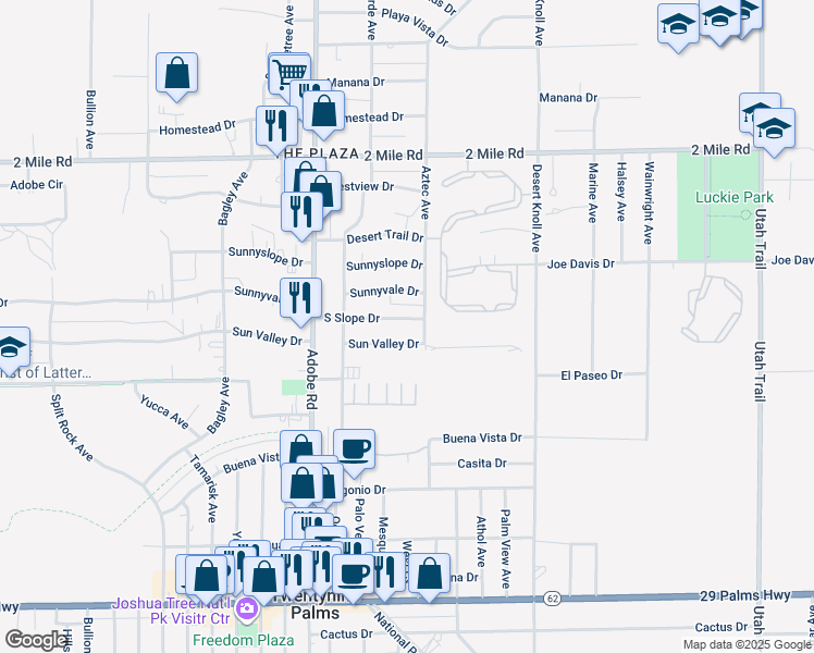 map of restaurants, bars, coffee shops, grocery stores, and more near 73871 South Slope Drive in Twentynine Palms