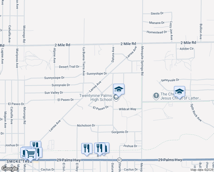 map of restaurants, bars, coffee shops, grocery stores, and more near 72674 Granite Avenue in Twentynine Palms