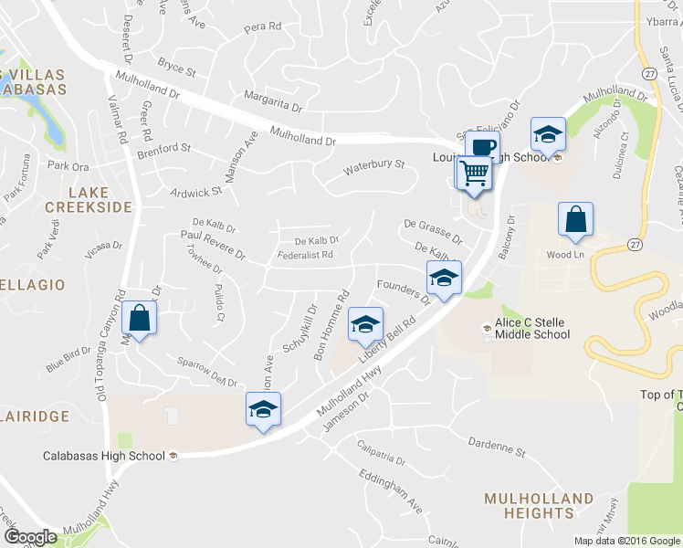 map of restaurants, bars, coffee shops, grocery stores, and more near 22612 Paul Revere Drive in Calabasas