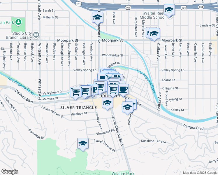 map of restaurants, bars, coffee shops, grocery stores, and more near 12154 Ventura Place in Los Angeles
