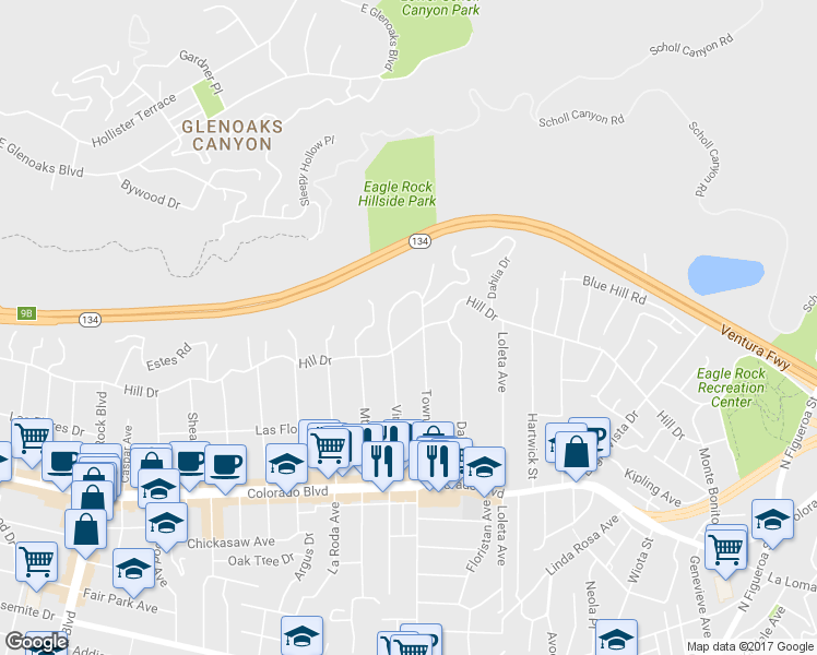 map of restaurants, bars, coffee shops, grocery stores, and more near 1633 Hill Dr in Los Angeles