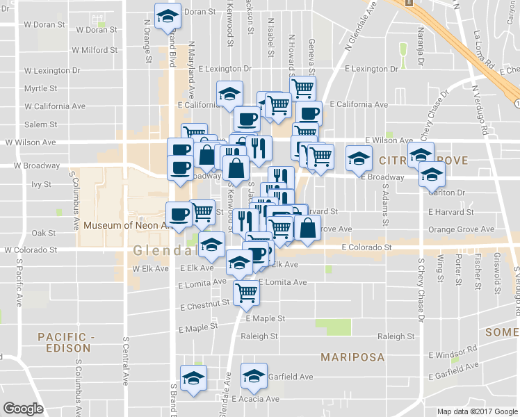 map of restaurants, bars, coffee shops, grocery stores, and more near 511 East Harvard Street in Glendale