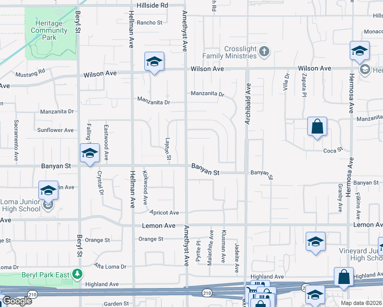map of restaurants, bars, coffee shops, grocery stores, and more near 6055 Amethyst Avenue in Rancho Cucamonga