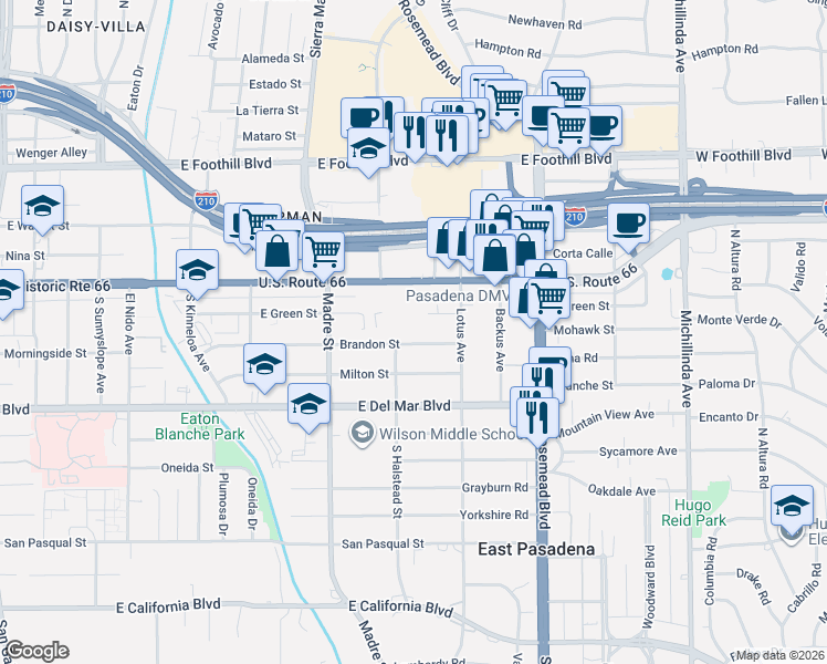 map of restaurants, bars, coffee shops, grocery stores, and more near 3533 Brandon Street in Pasadena