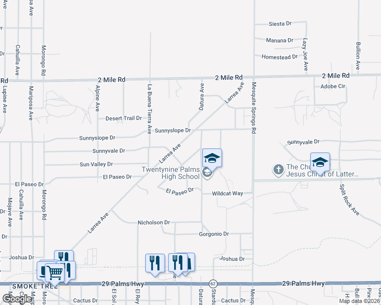 map of restaurants, bars, coffee shops, grocery stores, and more near 72674 Granite Avenue in Twentynine Palms