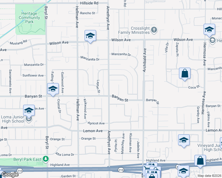 map of restaurants, bars, coffee shops, grocery stores, and more near 6055 Amethyst Avenue in Rancho Cucamonga